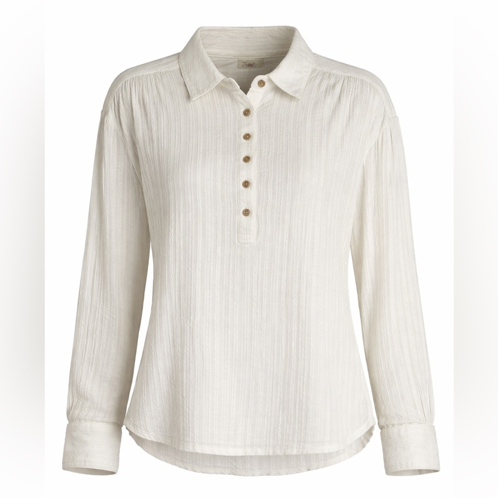 Faherty White Organic Cotton Textured Button Henley Blouse Top Size S
